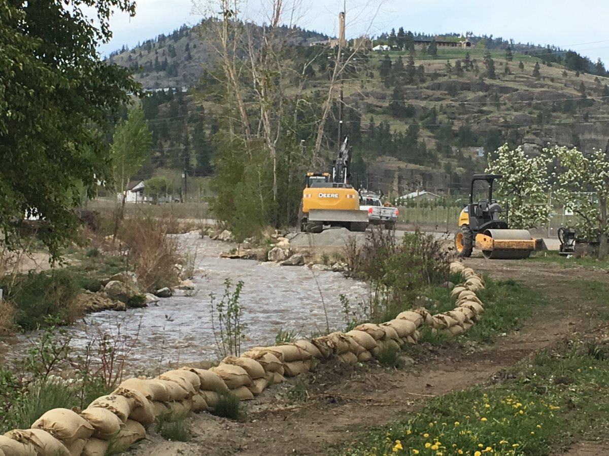 Sandbags along McDougall Creek in West Kelowna.