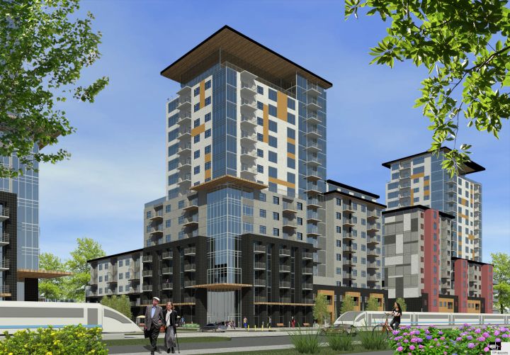 Renderings of a revamped proposal for the Holyrood Gardens development in Edmonton.