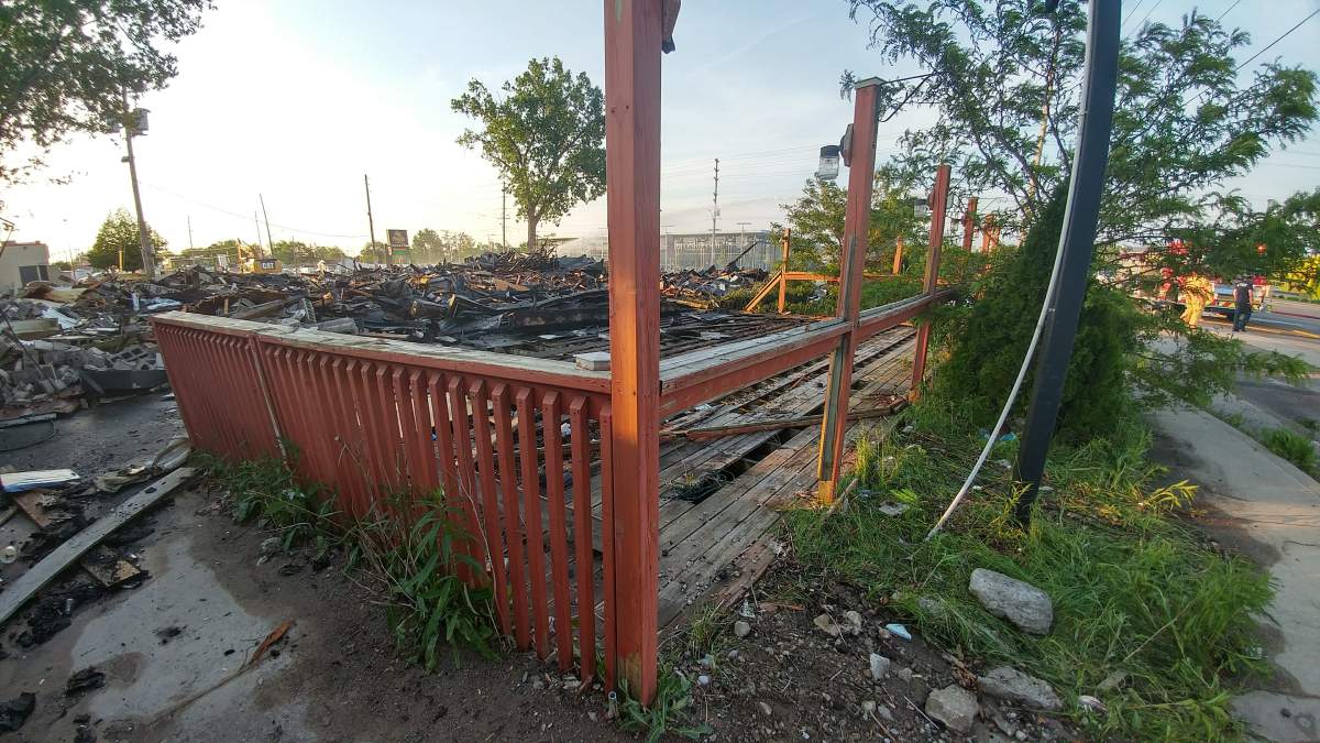 All that remains in the aftermath of the Hook’s restaurant fire is what looks to be a patio on the buildings west side.