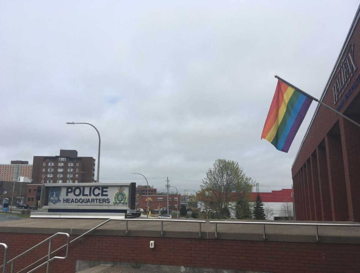 The Pride flag is seen flying outside Halifax Regional Police headquarters on Thursday, May 17, 2018 .