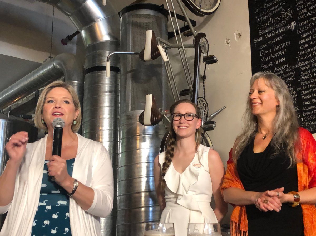 Ontario NDP Leader Andrea Horwath speaks to supporters at Brothers Brewing alongside Guelph candidate, Aggie Mlynarz and Wellington-Halton Hills candidate, Diane Ballantyne.