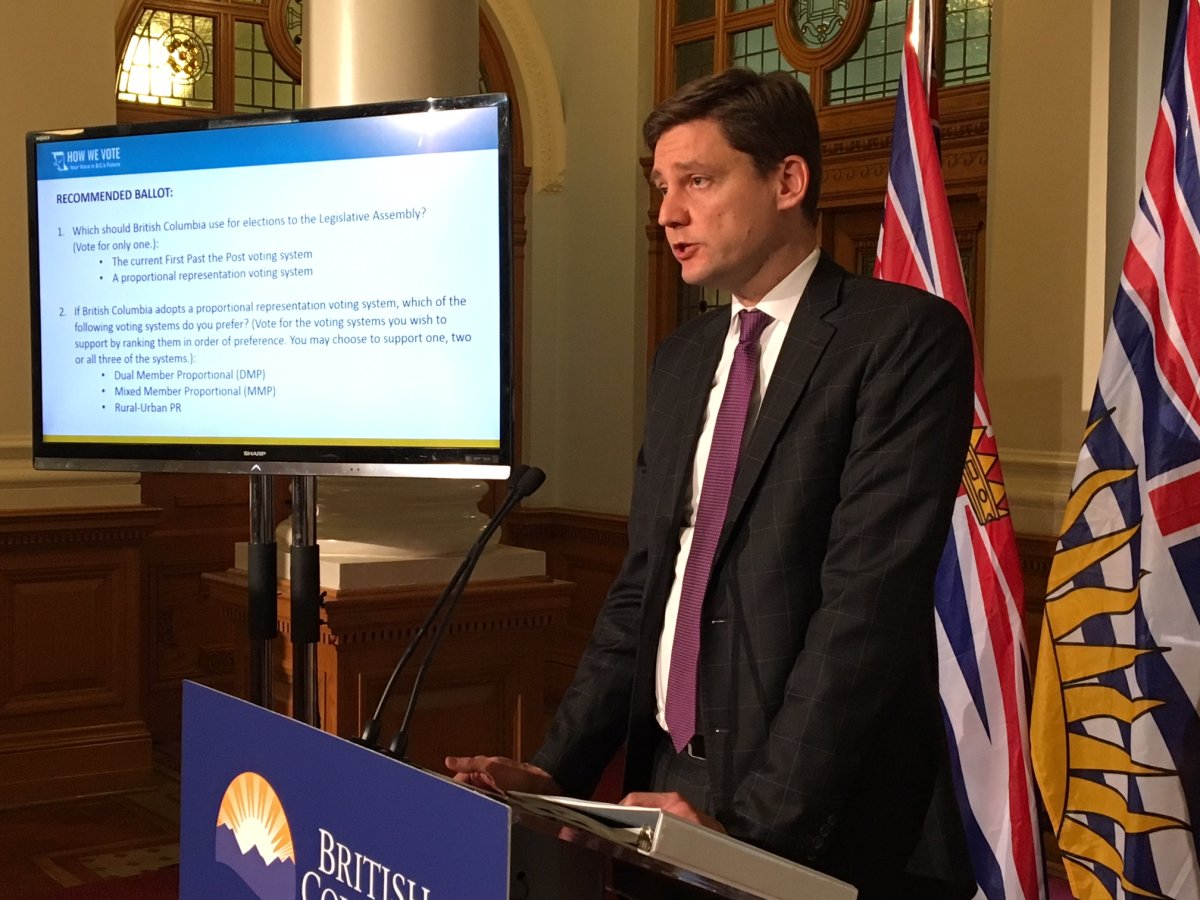 Attorney General David Eby introduces the potential PR referendum questions at the B.C. Legislature on May 30, 2018.
