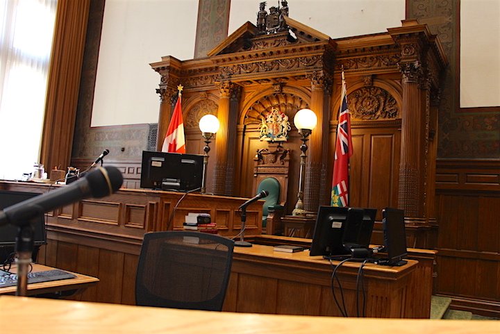 An interior of a courtroom at Old City Hall court in Toronto.