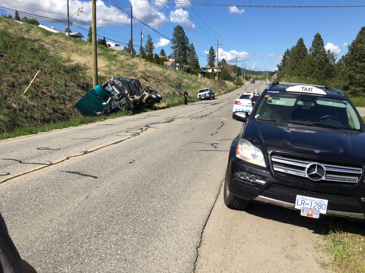 Truck hits the ditch after hitting a taxi in West Kelowna.
