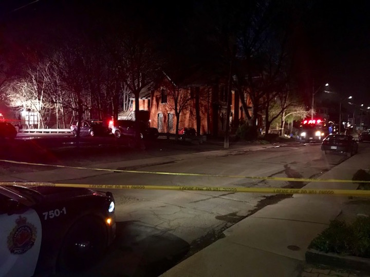 Hamilton firefighters and police were still at the scene of a multi-alarm fire Monday night that caused major damage to three homes on Grant Avenue earlier in the day.