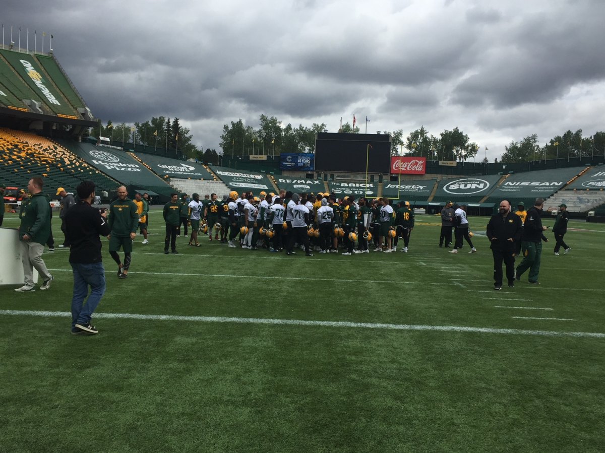 The Edmonton Eskimos at the end of their walk through practice on Thursday, May 31 as they prepare to face the Winnipeg Blue Bombers on Friday night in CFL pre-season action.