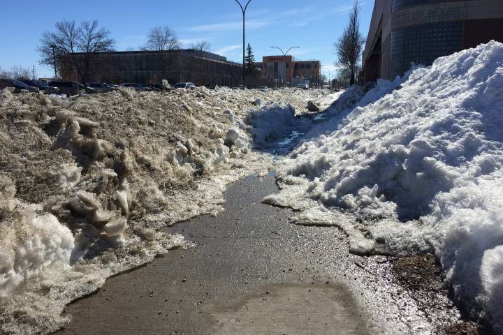 A sidewalk on Empress St. by Polo Park disappears into crowded snowbanks in March, 2018.