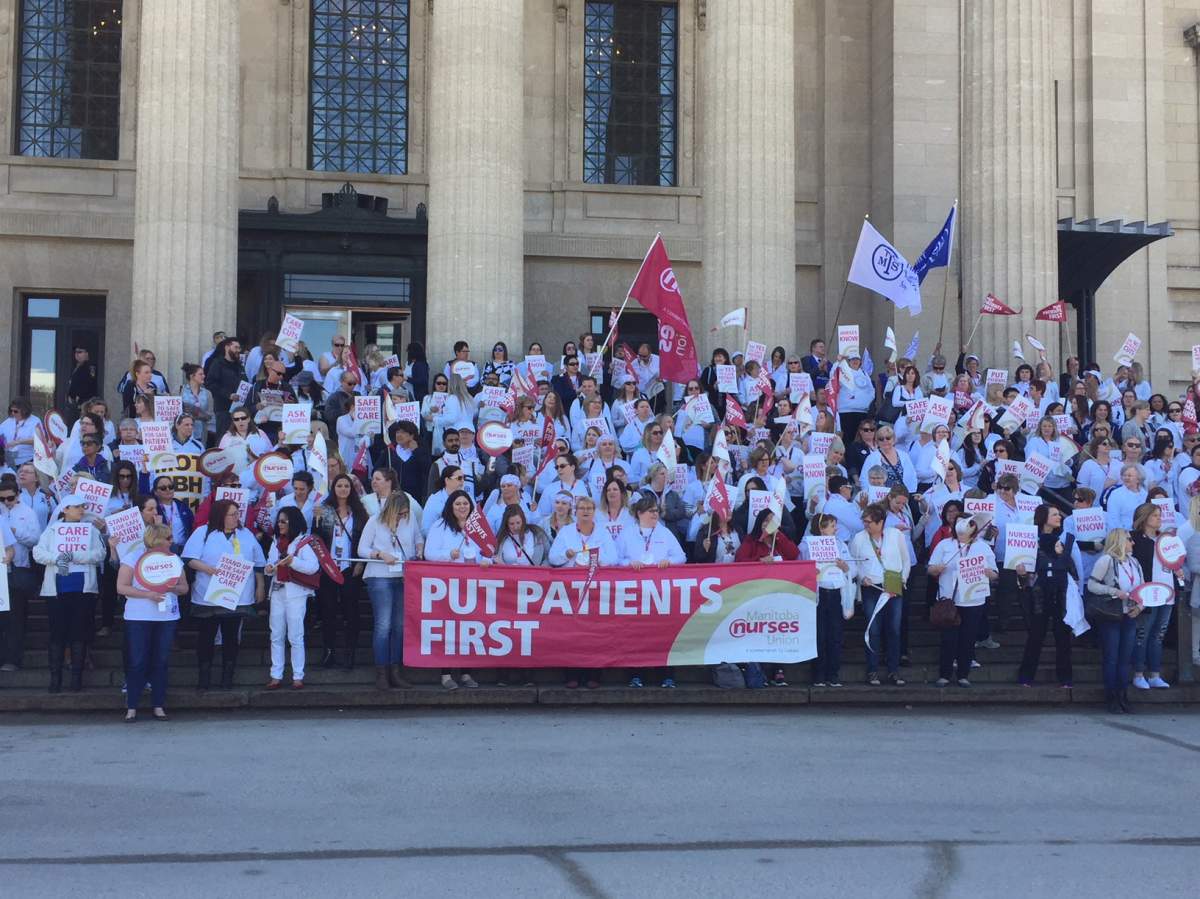 Hundreds of Manitoba nurses gathered on the steps of the Legislature May 2, 2018.