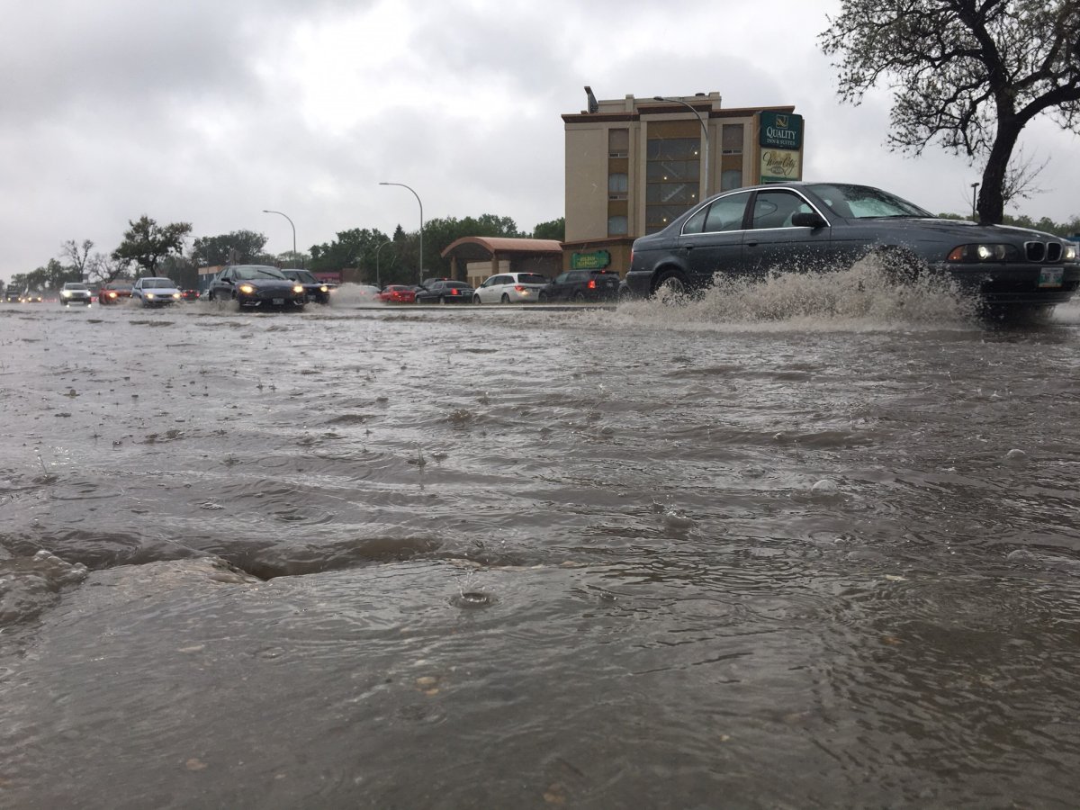 Heavy downpours caused localized flooding on Pembina highway. 