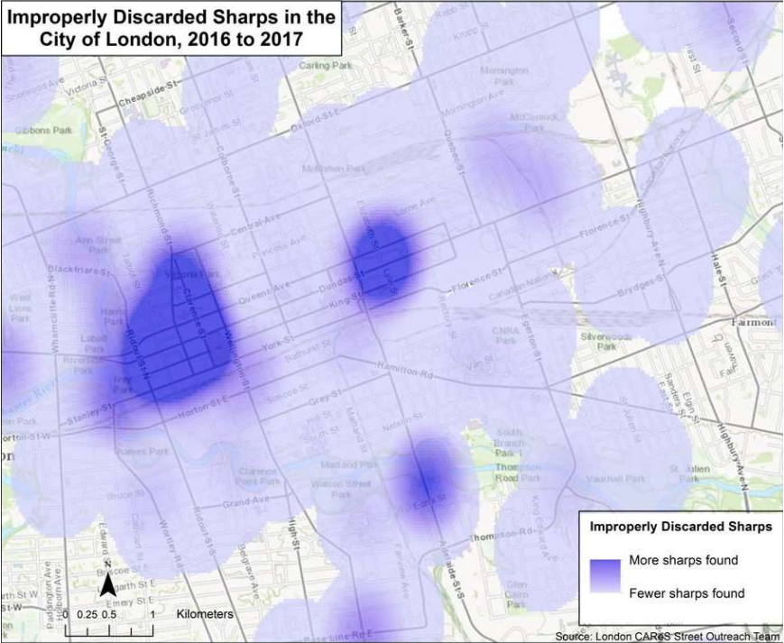 A map showing the concentration of improperly discarded sharps in London.