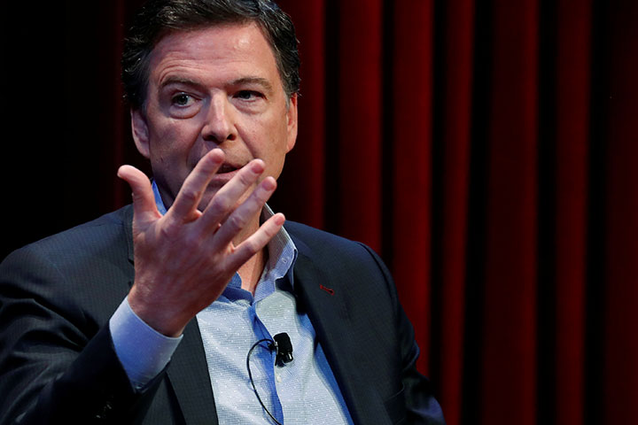 Former FBI director James Comey speaks about his book at George Washington University in Washington, April 30, 2018.  