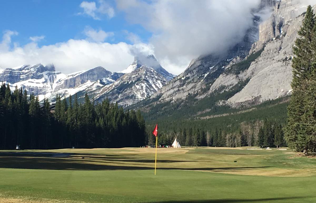 1st green of Mount Lorette on opening day at Kananaskis Country Golf Course. May 10, 2018.