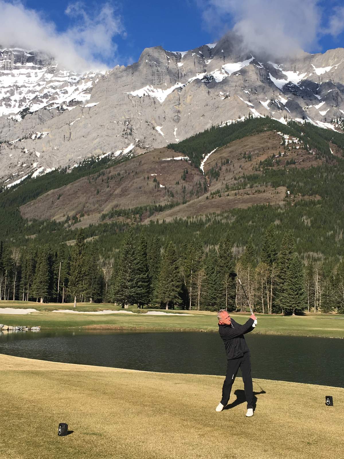 Kananaskis Country Golf Course restoration architect Gary Browning hits ceremonial tee shot to open the course back to the public. May 10th, 2018