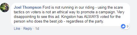 A comment from the add posted by Sophie Kiwala that asks voters to strategically vote to keep Ford out of office.