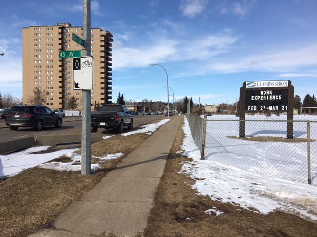 L.Y. Cairns Junior High School at 106 Street and 45 Avenue in south Edmonton, where the city decided to remove a playground zone.