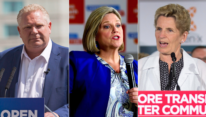 PC Leader Doug Ford, NDP Leader Andrea Horwath and Liberal Leader Kathleen Wynne are shown in a combination photo.