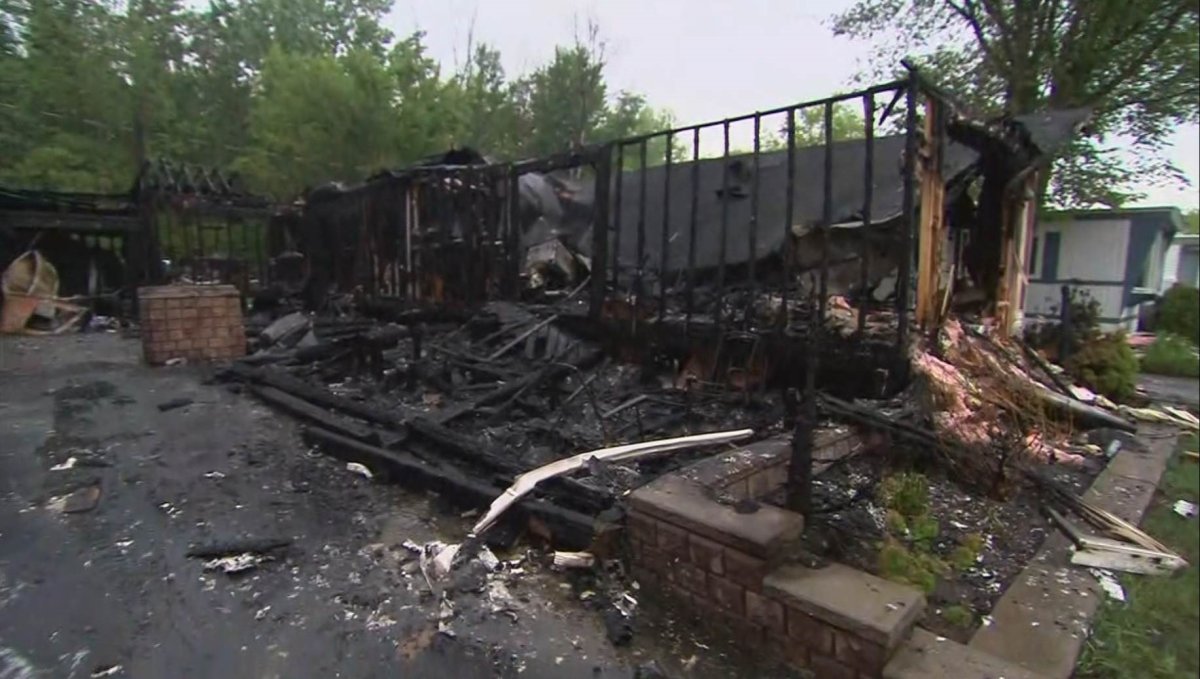 A fire destroyed two mobile homes in Saint-Hubert on Saturday, May 26, 2018.