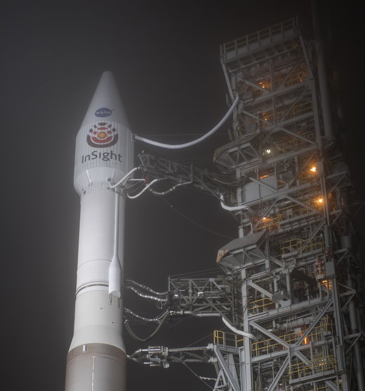 NoneThis photo released by NASA shows a United Launch Alliance (ULA) Atlas-V rocket with NASA’s InSight spacecraft onboard shortly after the mobile service tower was rolled back, Friday, May 4, 2018, at Vandenberg Air Force Base in Calif. The rocket is set to launch early Saturday.