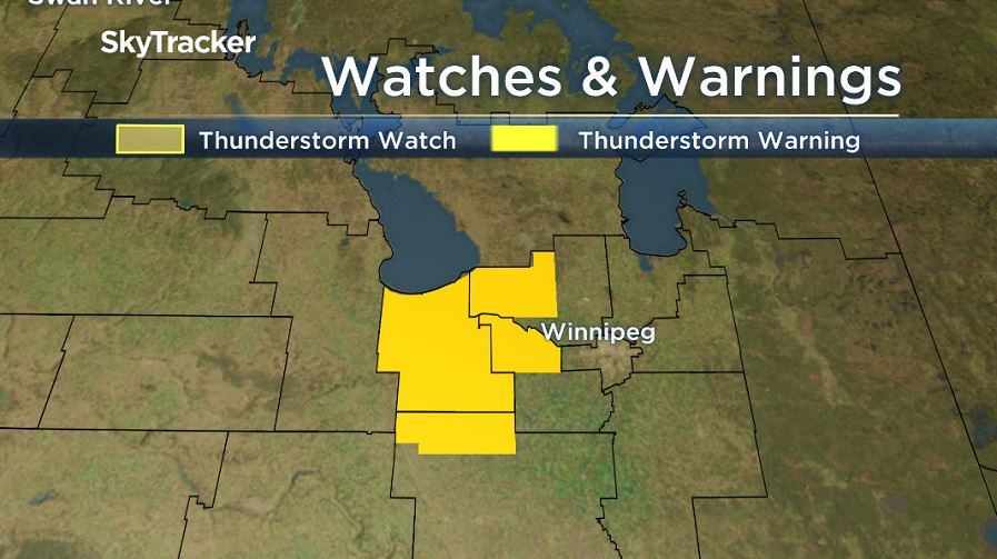 Sever thunderstorm warnings in parts of southern Manitoba Thursday morning.