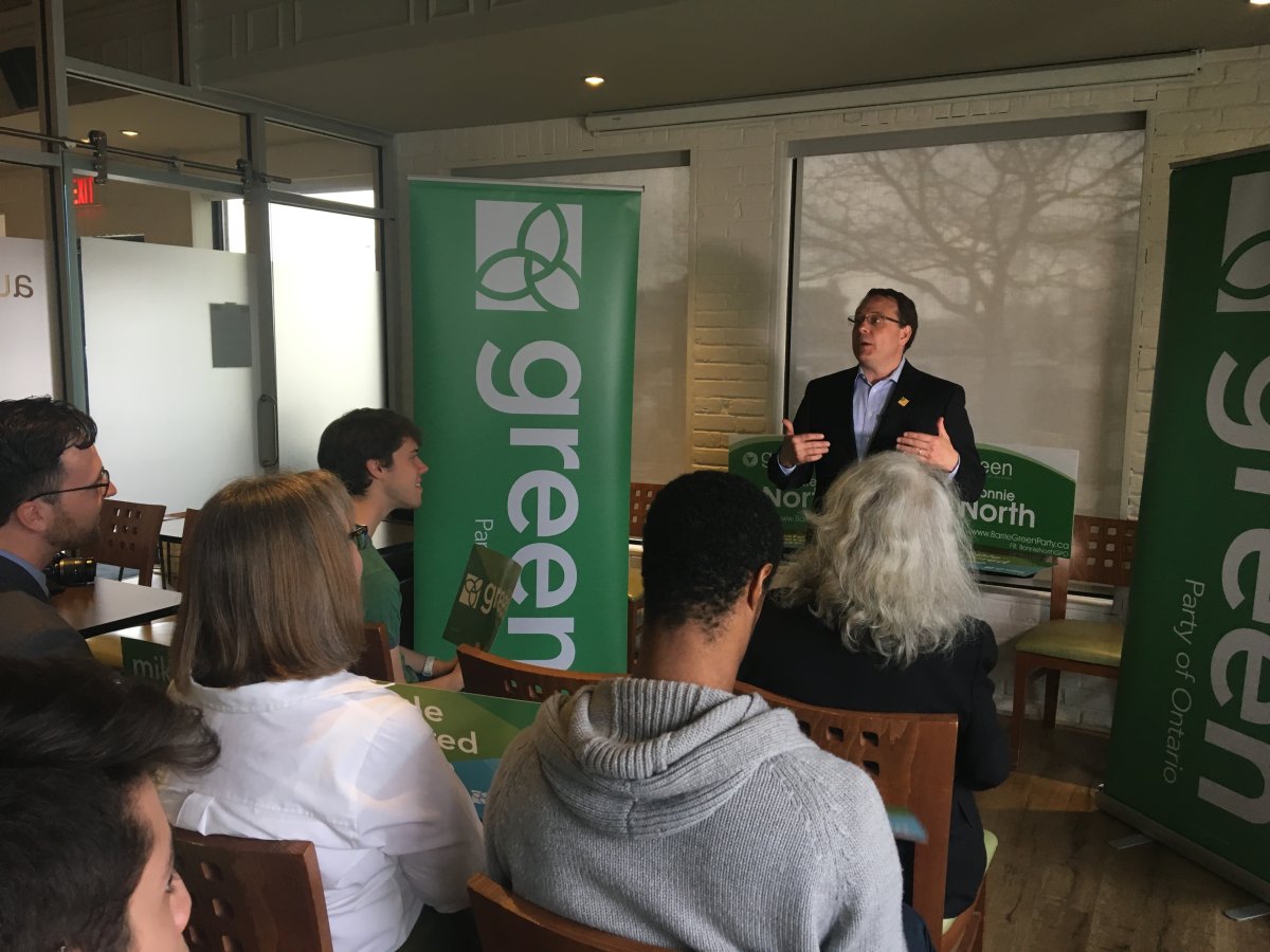 Ontario Green Party leader Mike Schreiner speaks to supporters at a campaign stop in Barrie Thursday morning.