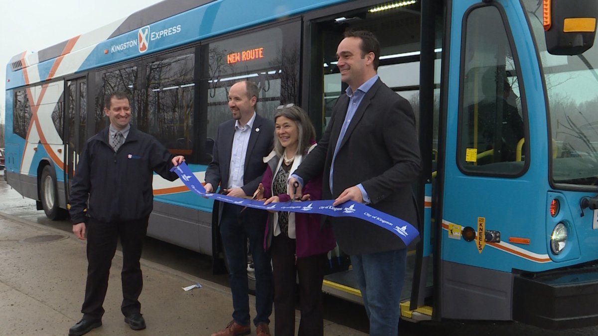 Mayor Bryan Paterson, MP Mark Gerretsen and MPP Sophie Kiwala cut the ribbon to officially open the Montreal Street express route.