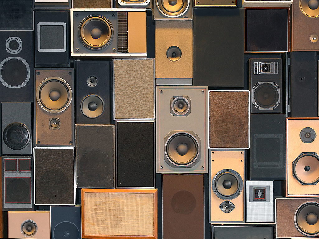 A big collection of music speakers.