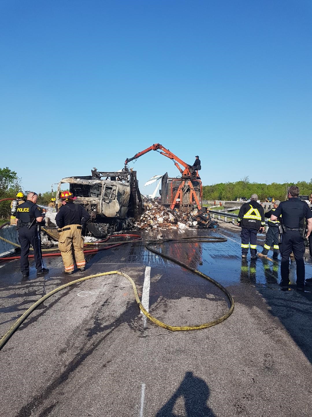 A photo from Wednesday’s truck fire on the 401 shows the extreme damage done to the truck.