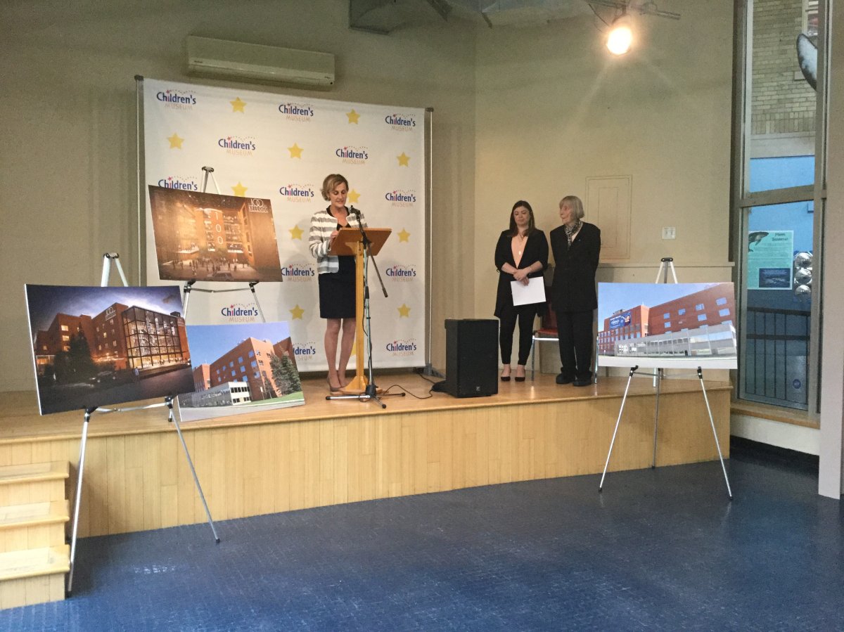 Natalie Spoozak, president of the board of directors of Children's Museum, addressing media outlets during the 2018 announcement of their new location. 