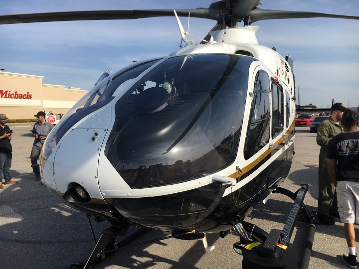 Officers say the helicopter is equipped with a high-tech camera that can view vehicles and their licence plates from a long distance.