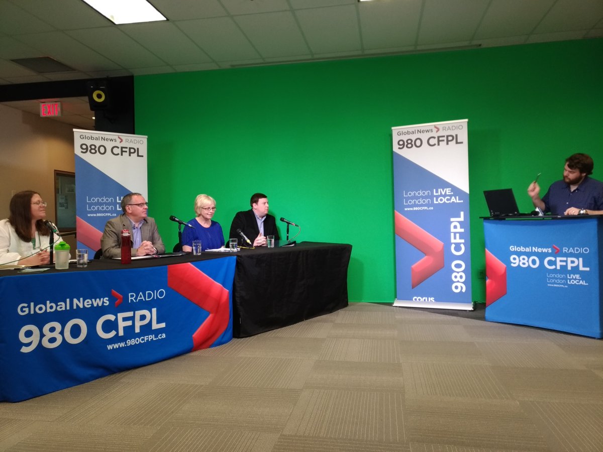 From left to right: Green Party's Pamela Reid, Liberal Jonathan Hughes, New Democrat Peggy Sattler and Progressive Conservative Andrew Lawton sit across from moderator Craig Needles.