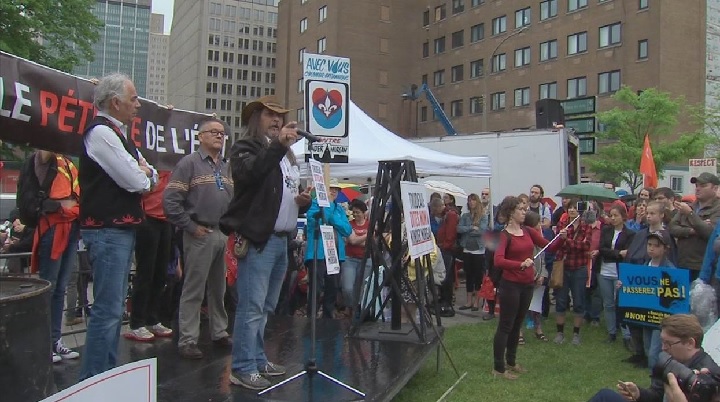 Quebecers gathered to protest the Kinder Morgan Trans Mountain pipeline in Montreal on Sunday, May 27, 2018.