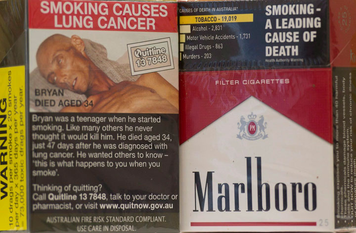 Tobacco product packaging for the same product illustrates the before, right, and after standardized rules came into effect in Australia on Friday, May 27, 2016, in Ottawa.