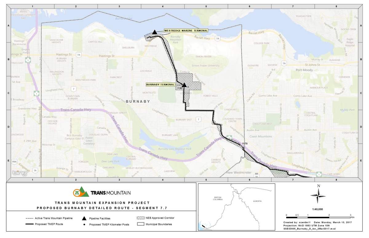The proposed Trans Mountain pipeline expansion’s detailed route plan through Burnaby.