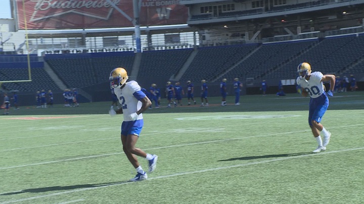 New Blue Bombers receivers Kenbrell Thompkins (2) and Rueben Randle (80) practice on Tuesday at Investors Group Field.