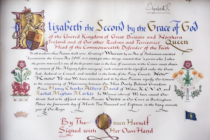 The ‘Instrument of Consent’, which is the Queen’s historic formal consent to Prince Harry’s forthcoming marriage to Meghan Markle, photographed at Buckingham Palace in London, Friday May 11, 2018.