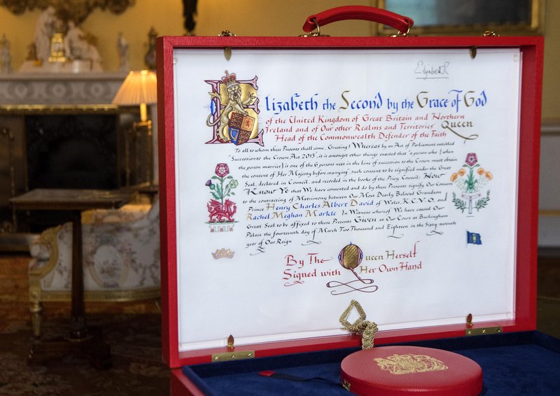 The ‘Instrument of Consent’, which is the Queen’s historic formal consent to Prince Harry’s forthcoming marriage to Meghan Markle. Spot Queen Elizabeth II's signature, top right.