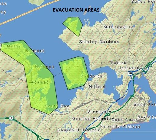 A map of the evacuation zones in Saint John as of 7:44 on May 1, 2018.