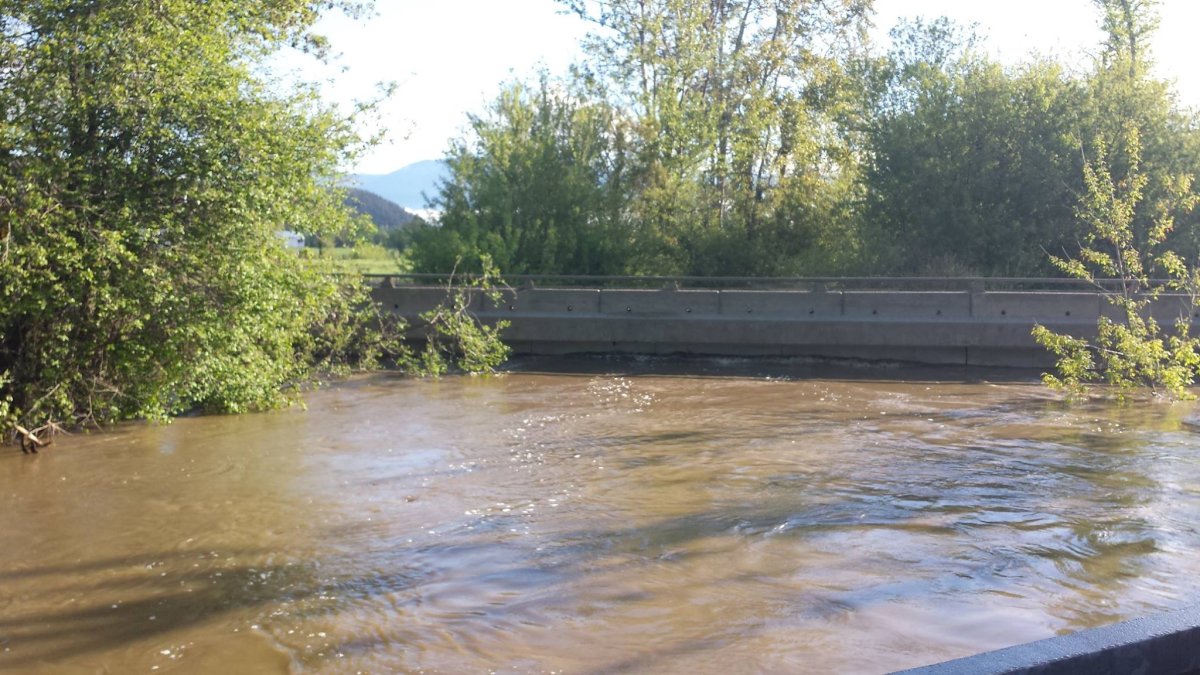 The Salmon River has risen to the point that it is coming up the side of Salmon Arm's Salmon River Bridge. 