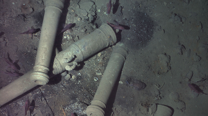 Cannons from the Spanish shipwreck San Jose are shown in this 2018 image captured with a submersible robot.