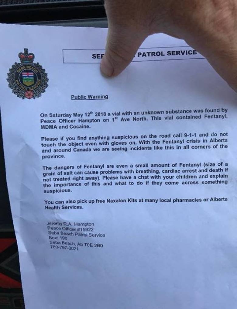 The Seba Beach Patrol Service is warning people about a vial of fentanyl that was found.