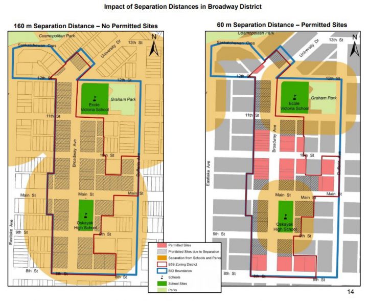 With a 160-meter separation distance between schools and retail cannabis stores, Broadway Avenue would the only commercial district where a retail cannabis store could not operate.