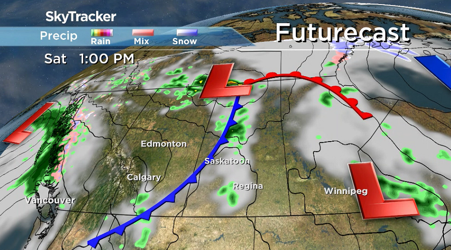 Showers and thunderstorms are possible along a cold front passing through on Saturday.