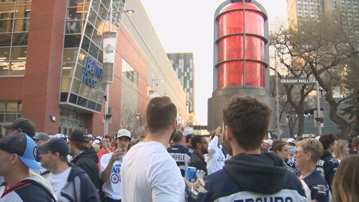 Winnipeg Jets fans gather outside Bell-MTS Place ahead of Game 4 against the Nasvhille Predators.