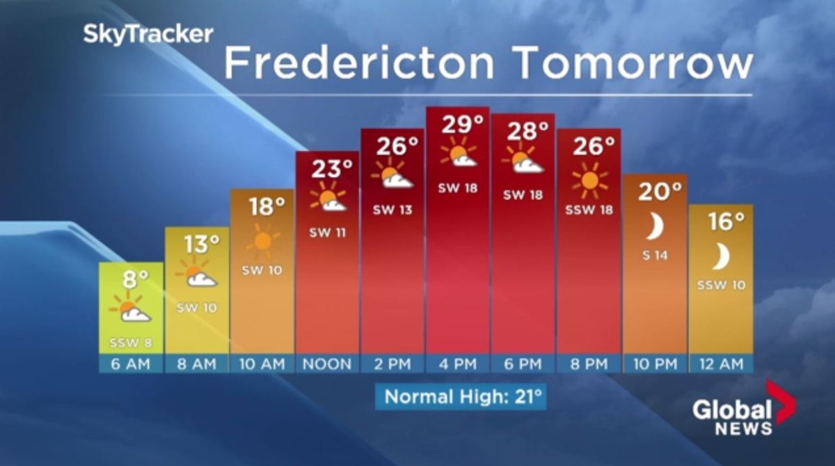A heat advisory has been issued across New Brunswick. According to Global News meteorologist Anthony Farnell, temperatures in Fredericton will get as high was 29 degrees on Thursday. 