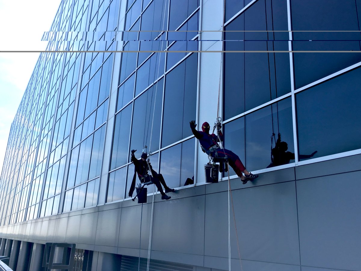 Superheroes were seen scaling the Zone B tower, home to many of the LHSC's Children's Hospital programs on May 9, 2018. 