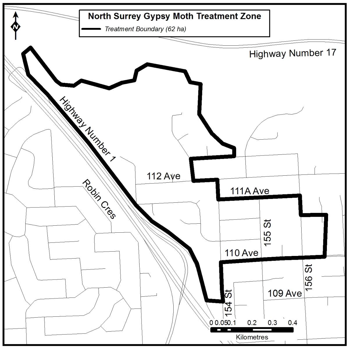 The area of Surrey scheduled for gypsy moth spraying next week.