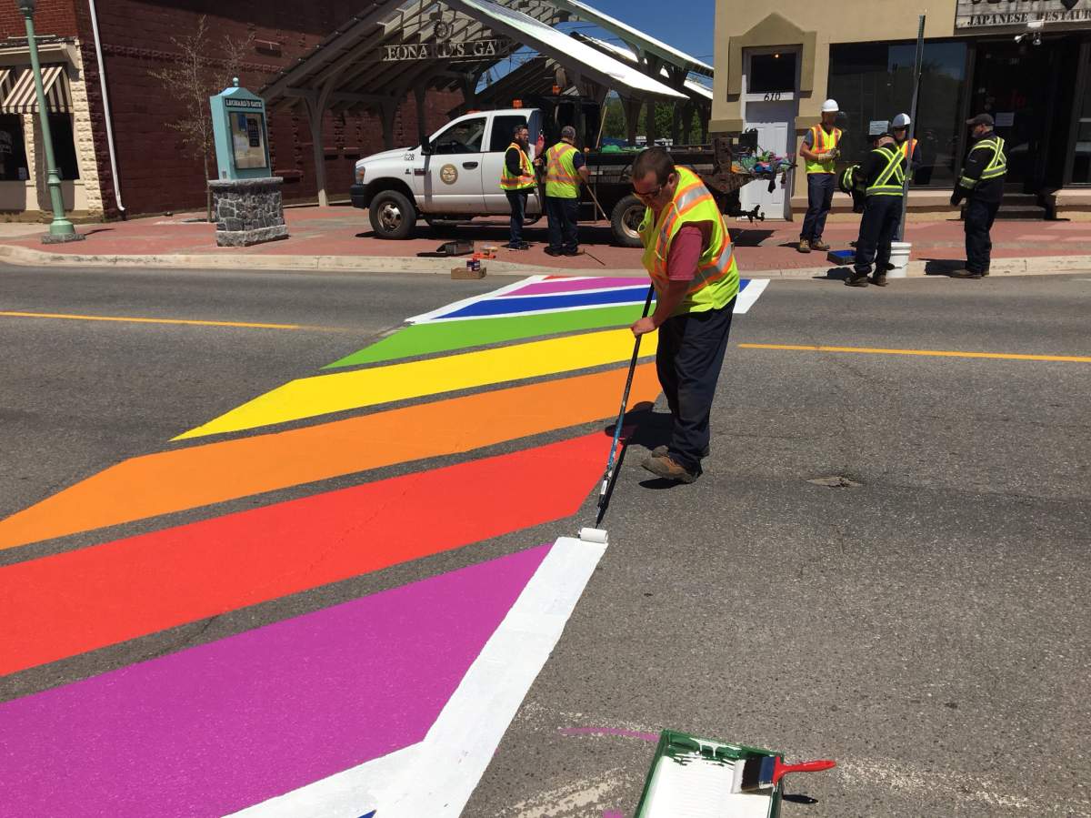 A fresh coat of paint seen on a rainbow crosswalk in the town of Sussex, N.B.