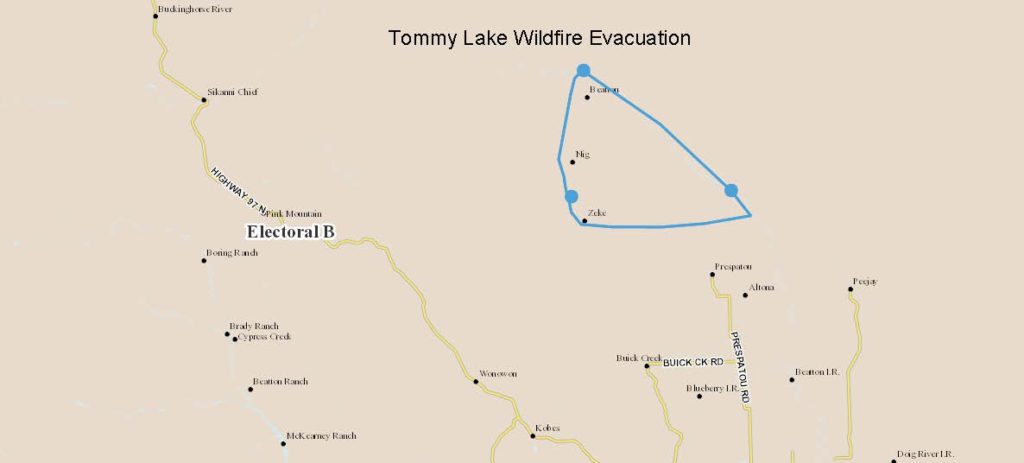The evacuation area due to the Tommy Lakes wildfire.