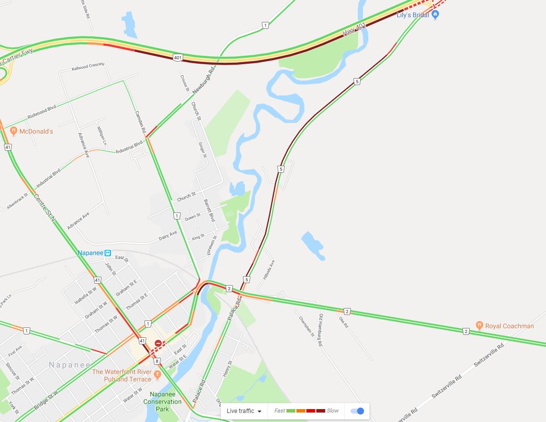 Traffic is moving very slow on Palace Road near the road closure on Highway 401 near Napanee.