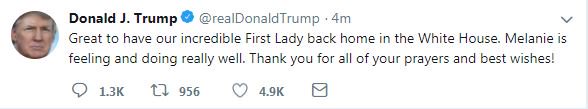 Donald Trump welcomes Melania home from hospital with tweet which misspells her name - image